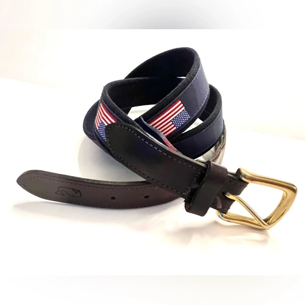 Vineyard Vines Men’s American Flag Canvas Solid Brass Buckle Club Leather Belt